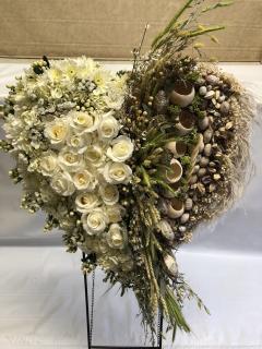 WHITE ROSE HEART WITH PODS AND GRASSES