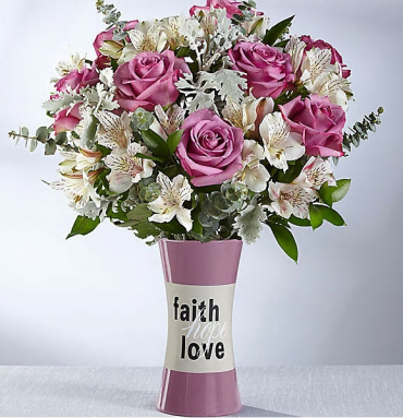 FAITH HOPE AND LOVE WITH LAVENDER ROSES