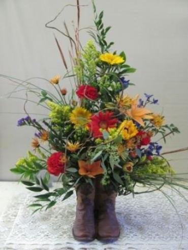 WILDFLOWER COWBOY BOOT FOR SYMPATHY delivered in Rapid City SD Fancies Sympathy Funeral Flowers