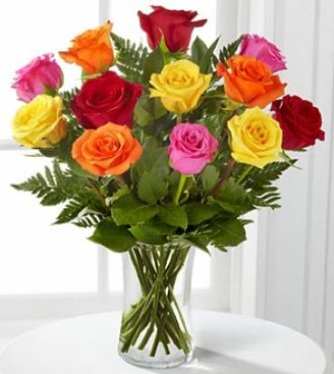 Mixed Dozen Colorful Roses For Sympathy